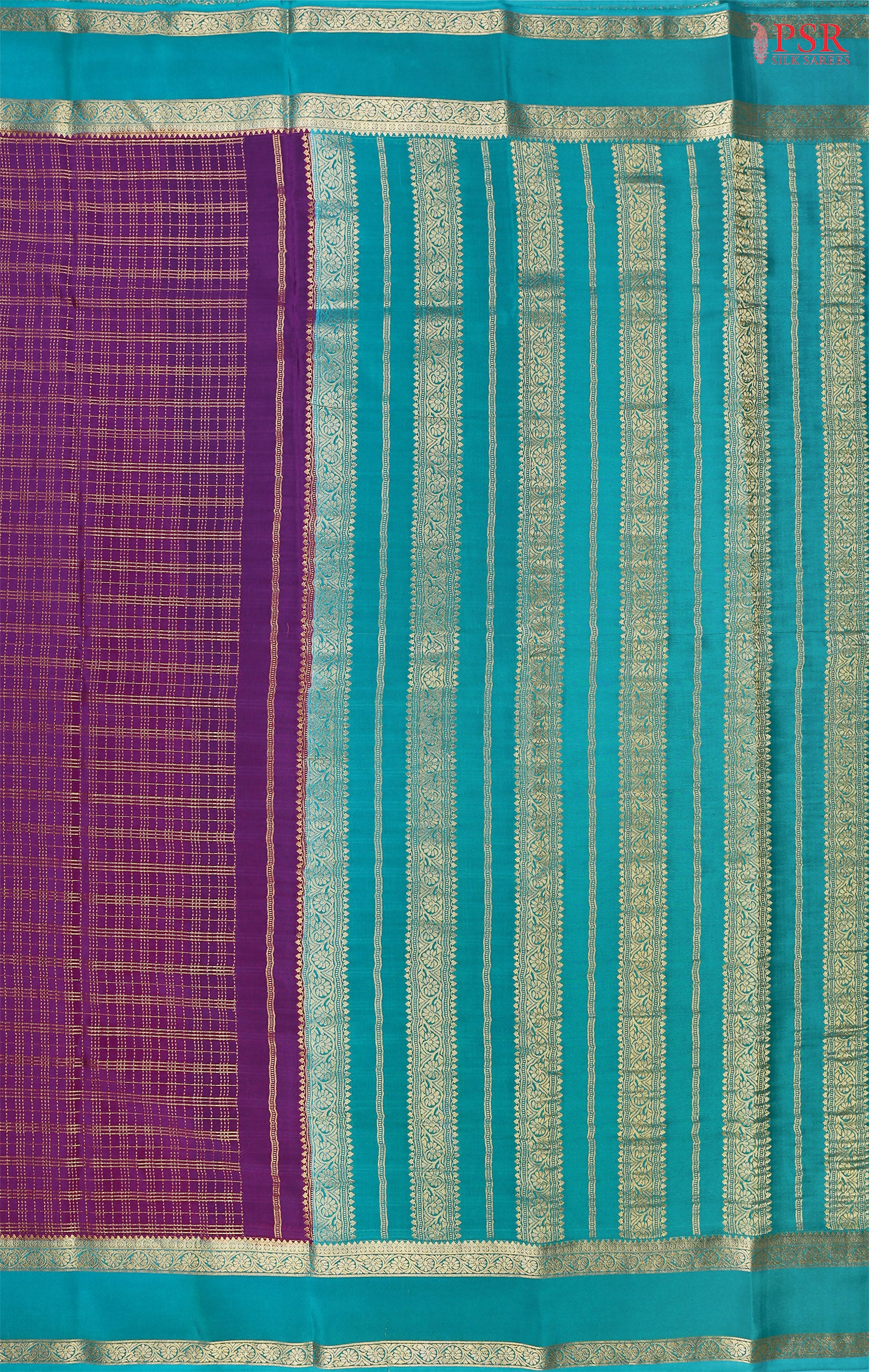 Step into elegance with PSR Silks' captivating Tyrian Purple Mysore Silk saree, paired with a striking Turquoise Cyan combination!
