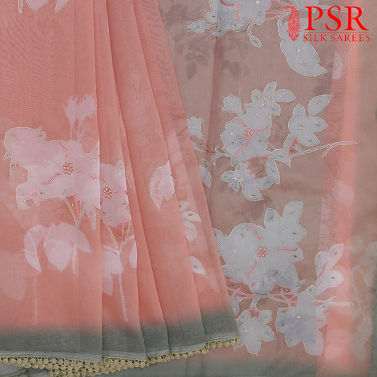 Cantaloupe Orange Organza Embroidery Saree