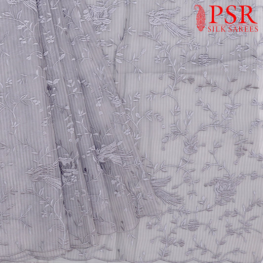 Pastel Grey Organza Embroidery Saree