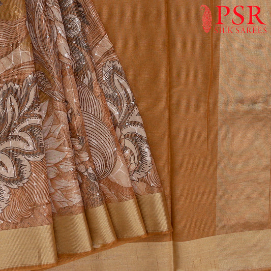 Tortilla Brown & Mustard Orange Tissue Embroidery Saree
