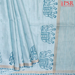China Blue Semi Dupion Saree
