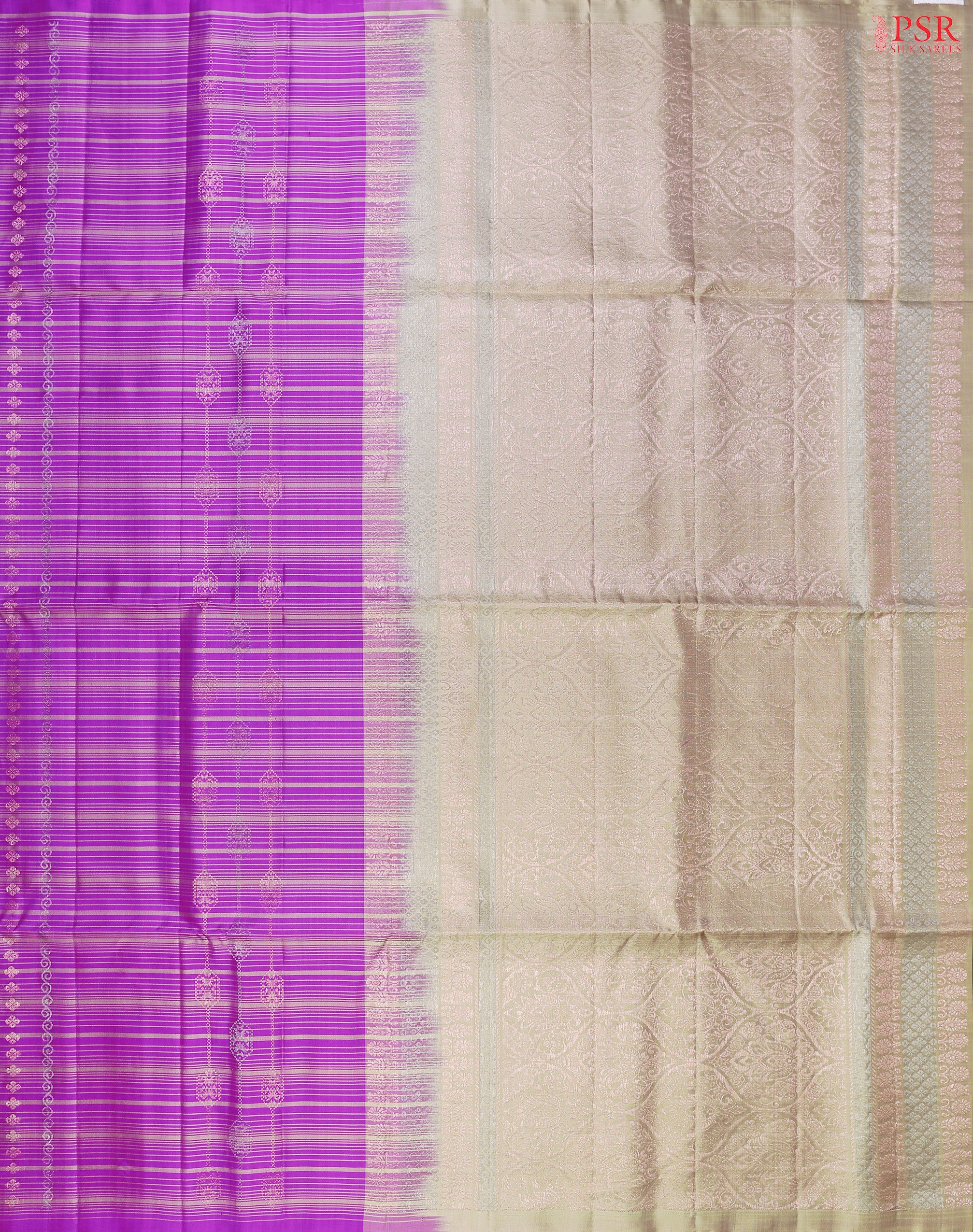 PSR Silk Sarees presents a Amethyst Violet&nbsp;Soft Silk Saree, beautifully complemented with an&nbsp;Olive Mist combination. 