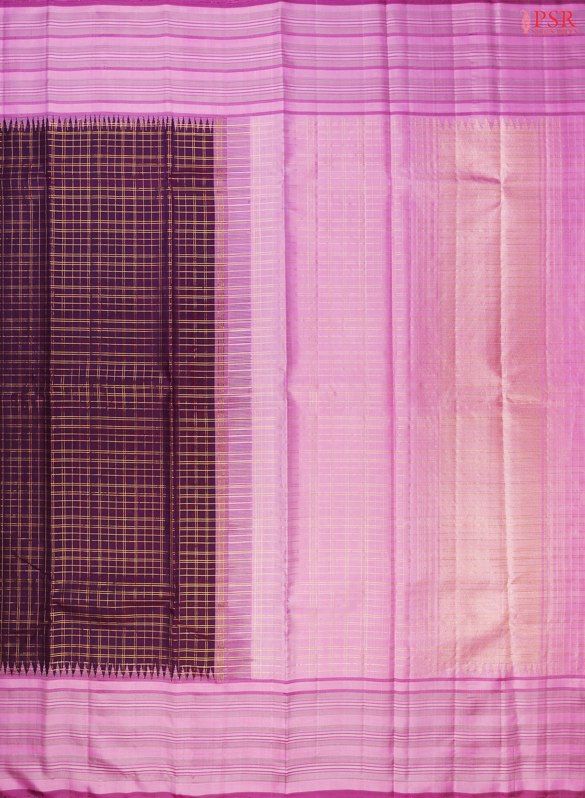 Aubergine Purple Kanchipuram Silk Saree with Lilac Pink zari chit pallu & temple border.