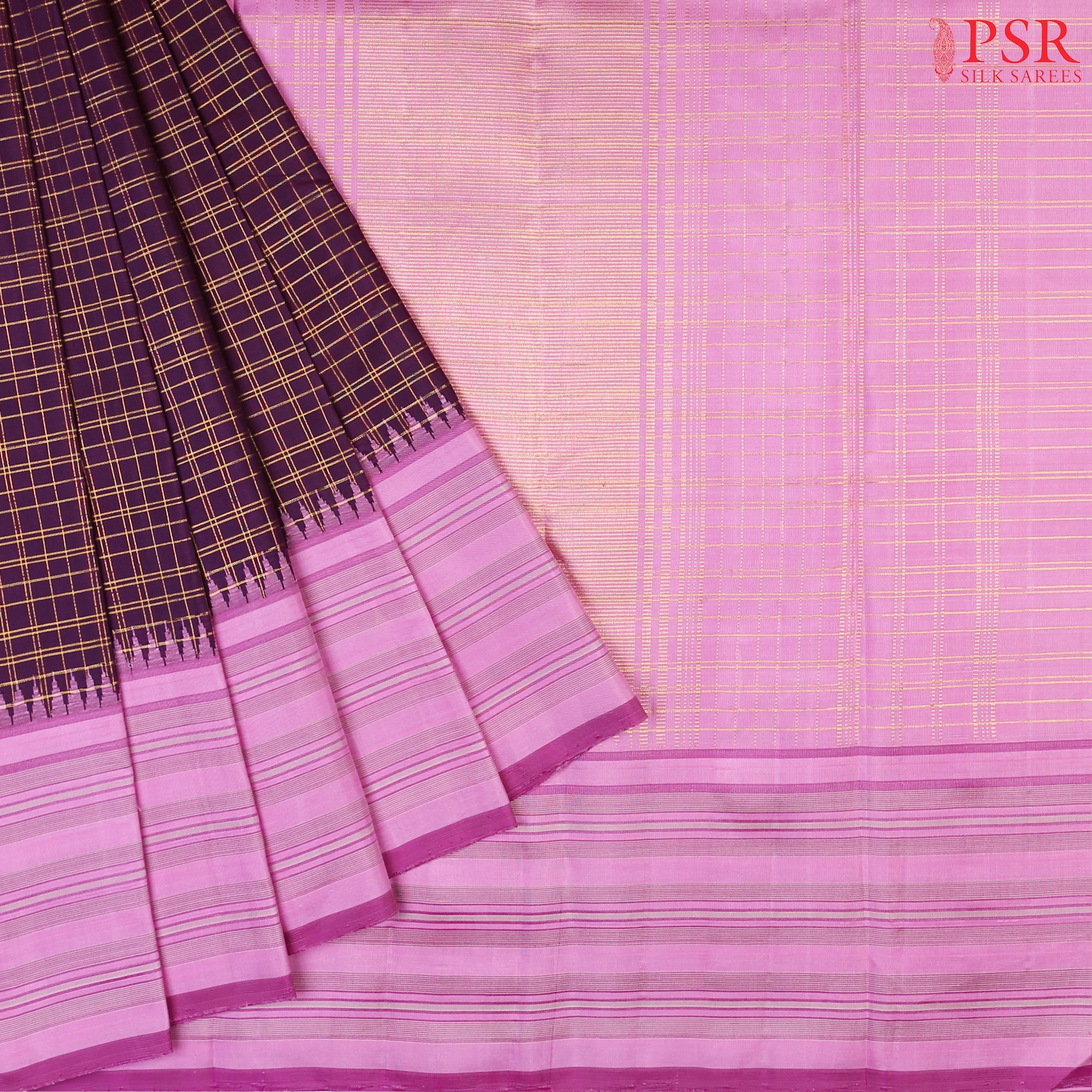 Aubergine Purple Kanchipuram Silk Saree with Lilac Pink zari chit pallu & temple border.