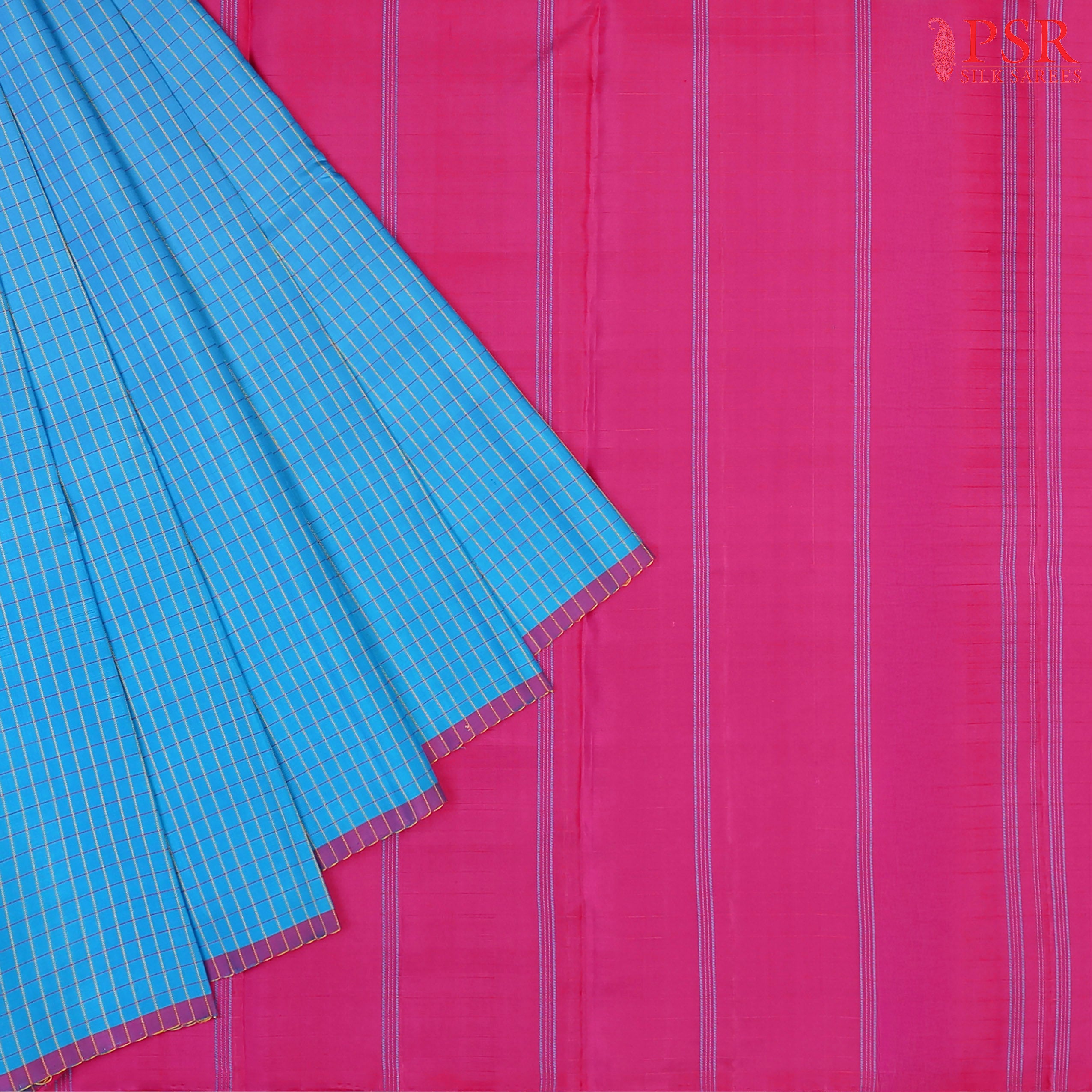 PSR Silks presents a Azure Blue colored Arani Silk saree with combination of Magenta Pink color.