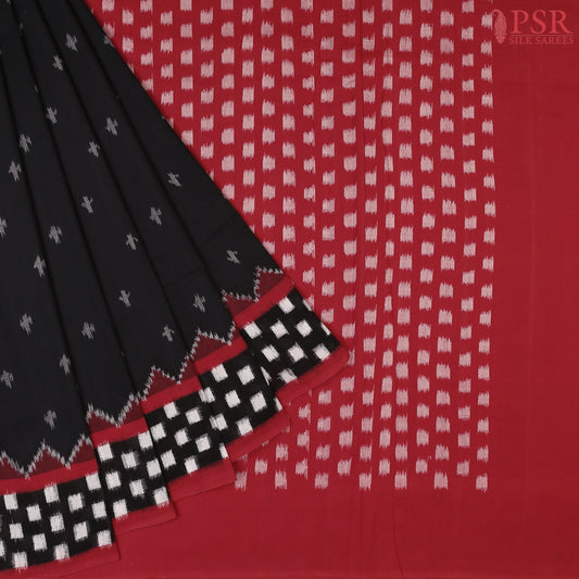Black Ikkat Cotton Saree with a contrasting Red border and intricate weaving