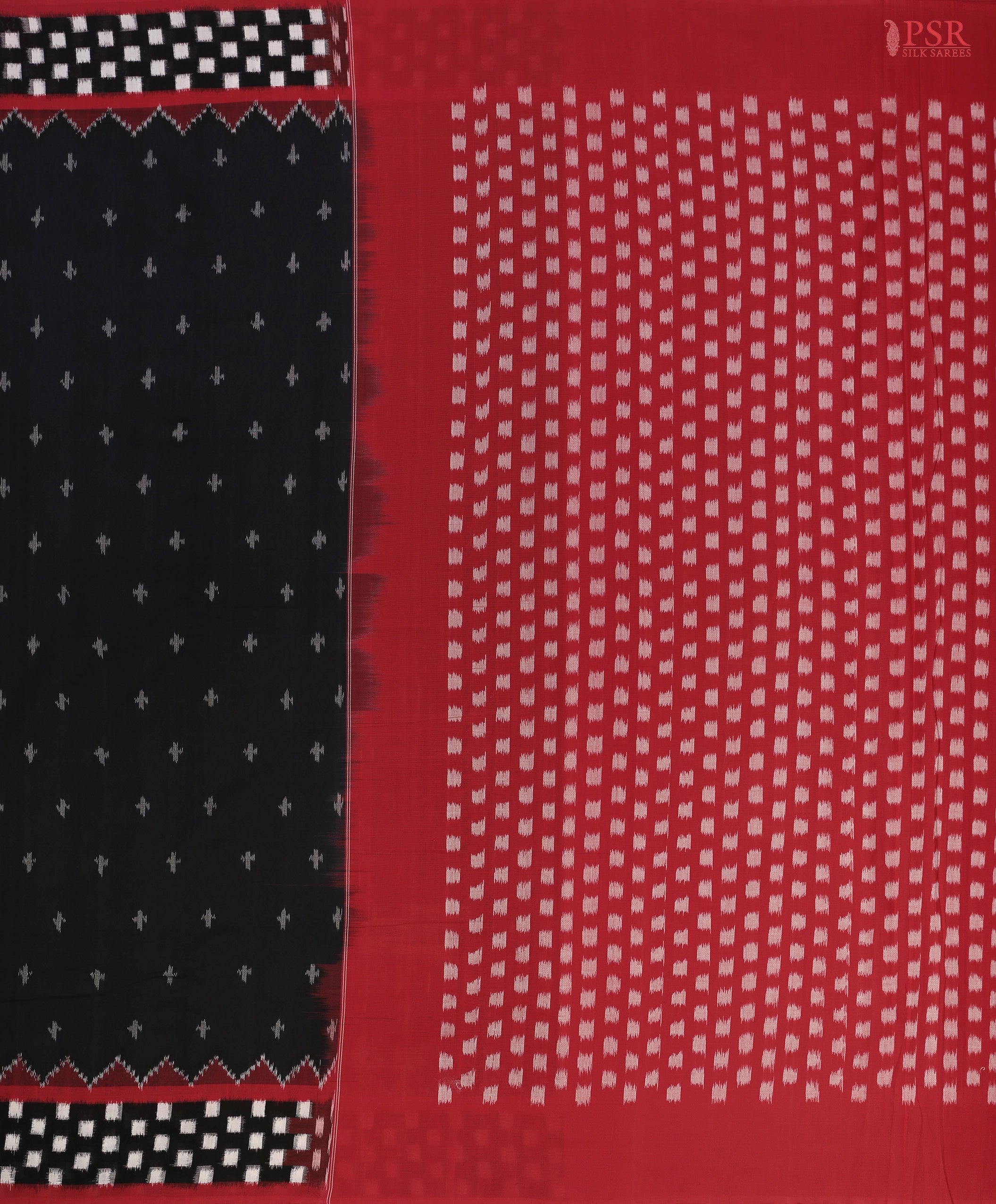 Rich Red pallu with intricate Ikkat designs.