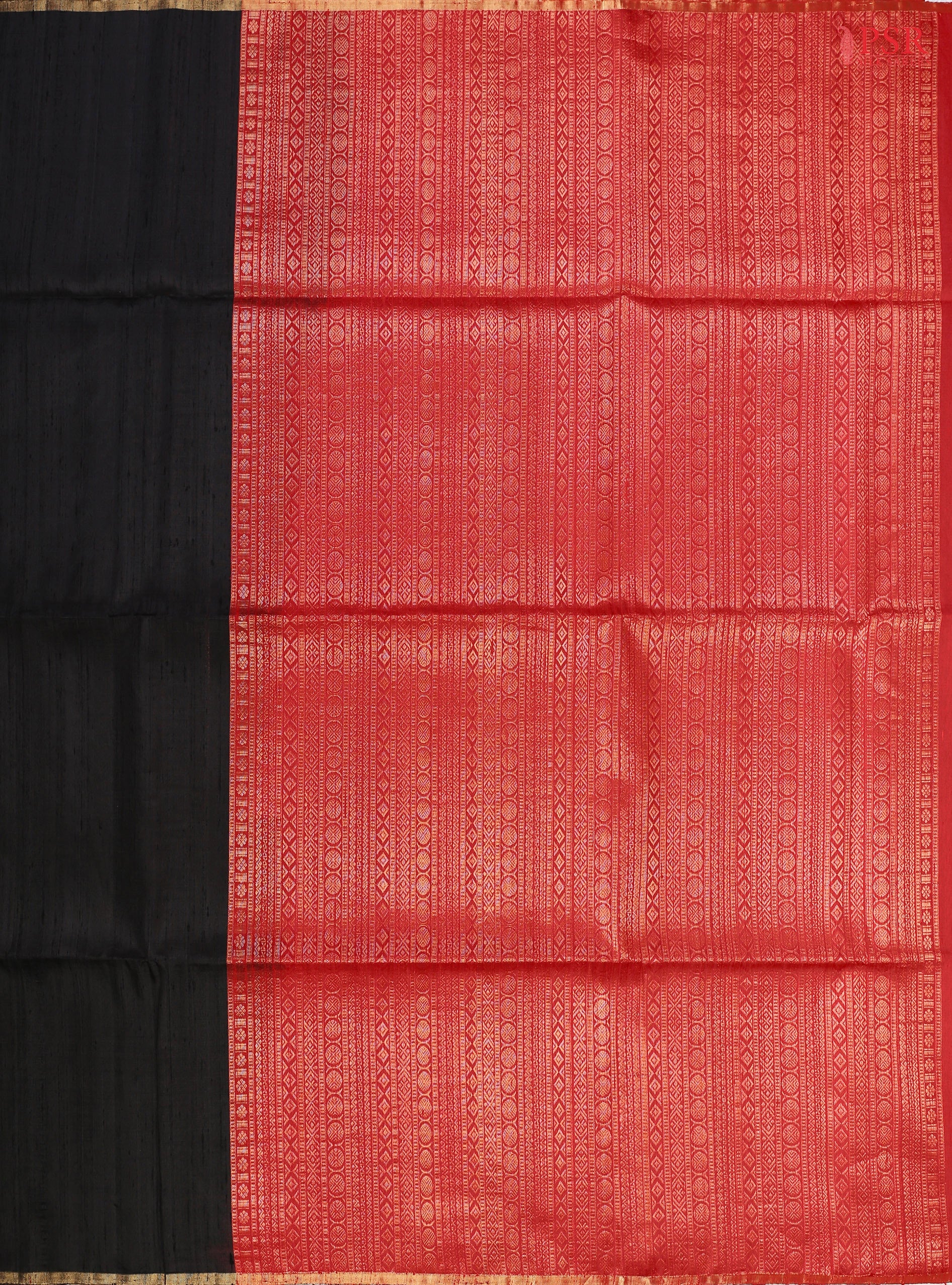 Black Jute Soft Silk Saree with golden zari work, rich Red pallu, and matching designer blouse with zari detailing