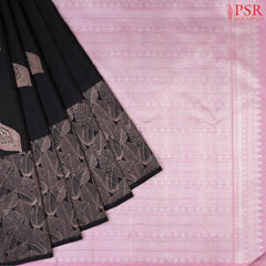 Black Kanchipuram Silk Saree from "Shrestha Kanjivaram" with Copper Zari Paisley Motifs, Kobi Pink Zari Pallu & Plain Blouse – PSR Silks