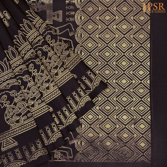 Drape yourself in tradition with our Black Soft Silk Saree, exquisitely woven with golden&nbsp; zari motifs that exude timeless charm