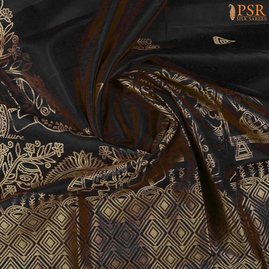 Drape yourself in tradition with our Black Soft Silk Saree, exquisitely woven with golden&nbsp; zari motifs that exude timeless charm