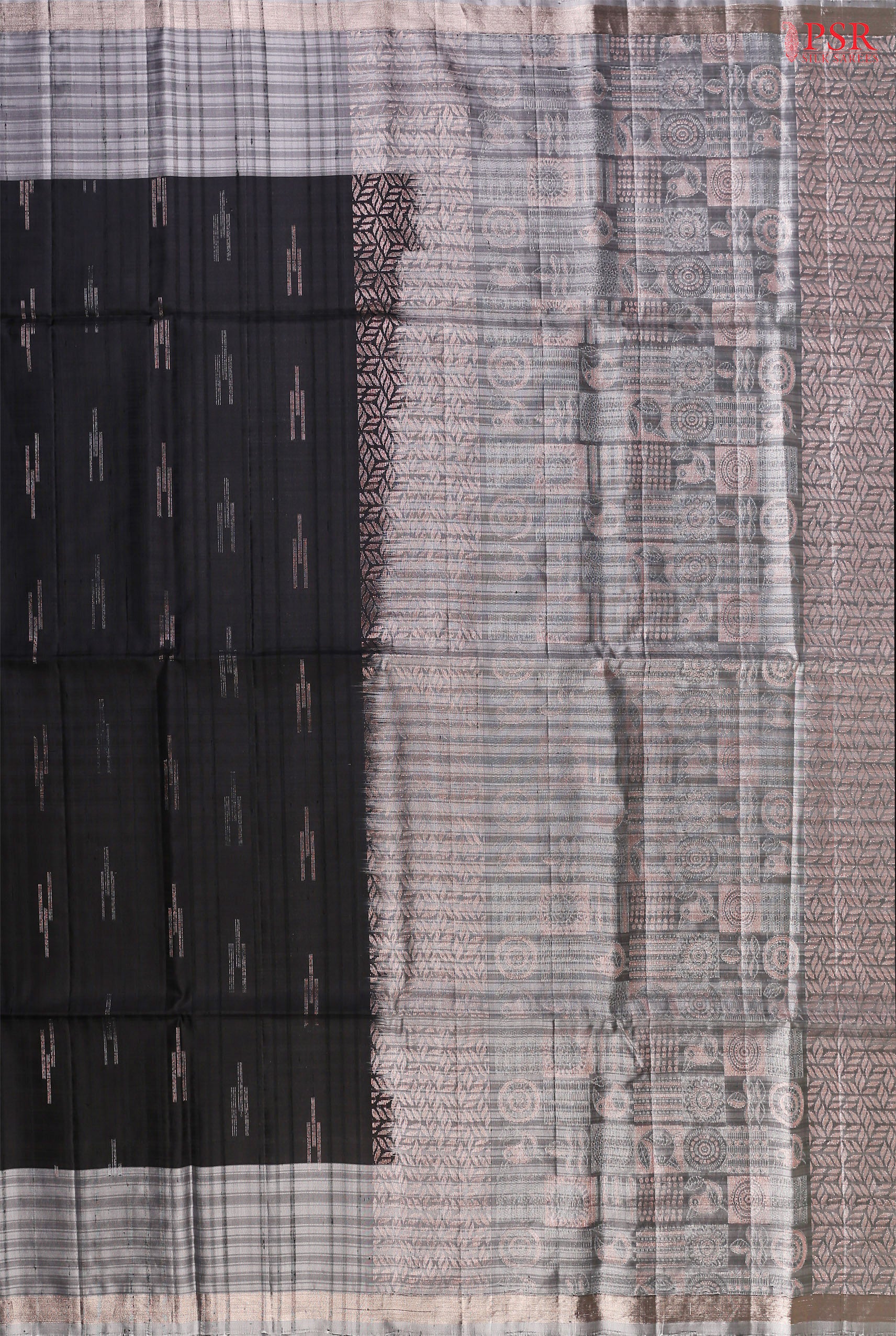 PSR Silks presents an elegant Black Soft Silk Saree, paired beautifully with a refined Grey combination
