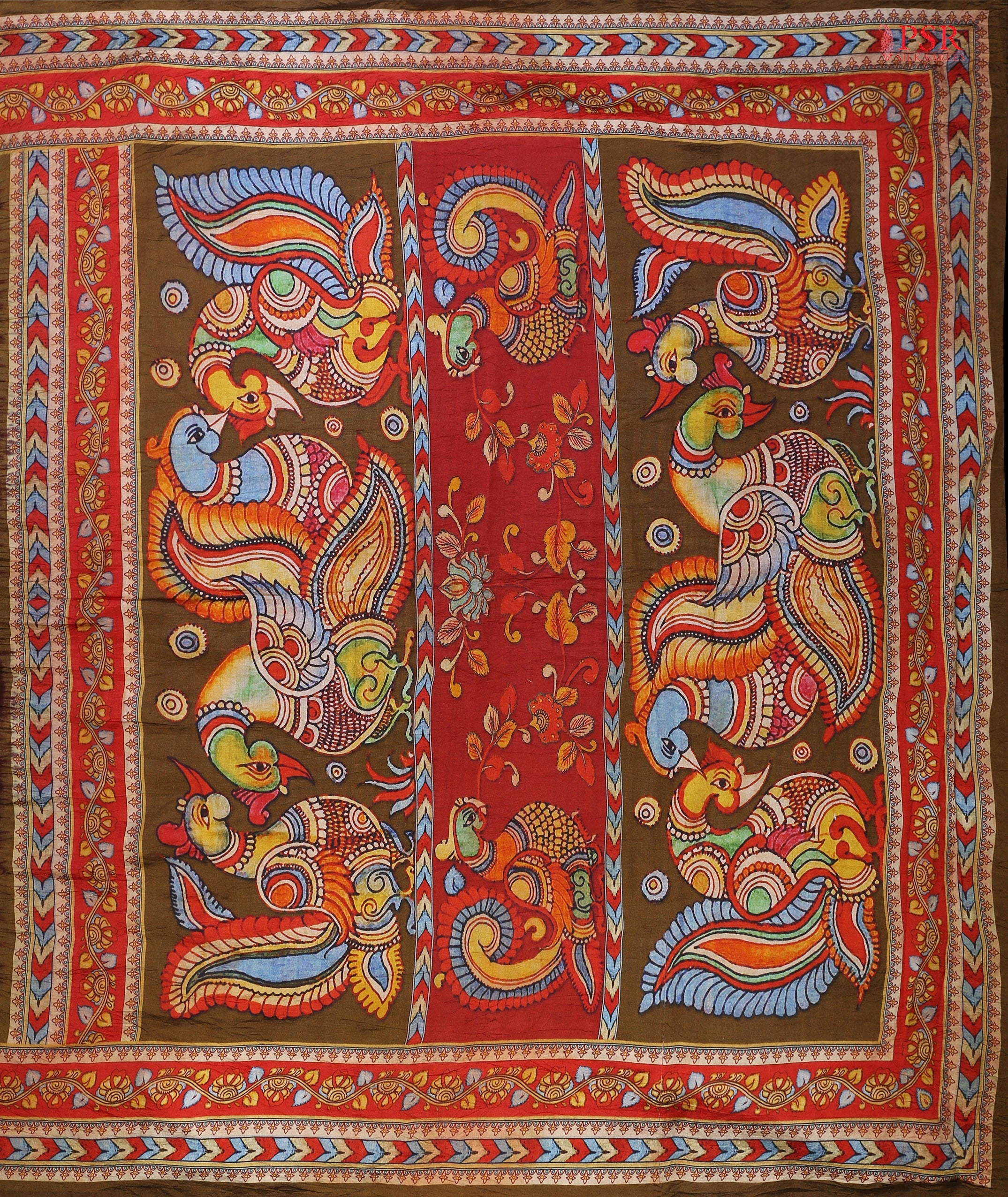 Olive-colored pallu featuring exquisite Mayura (peacock) paintings