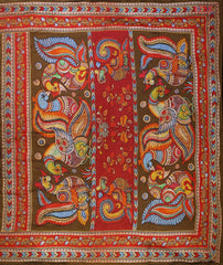 Olive-colored pallu featuring exquisite Mayura (peacock) paintings