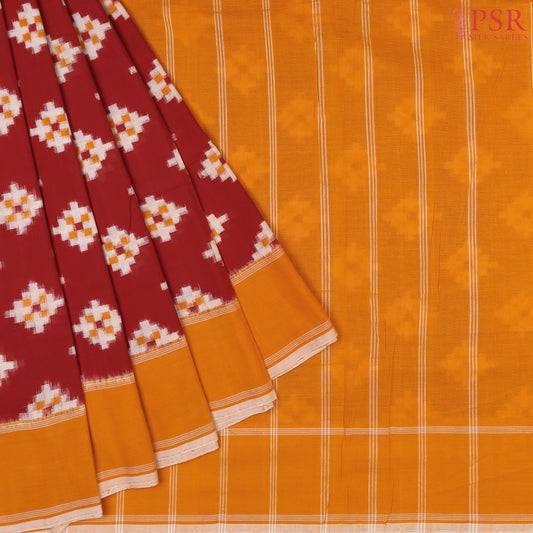 Carmine Red Ikkat Cotton Saree with traditional Ikkat motif patterns and Marigold Yellow accents