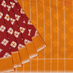 Carmine Red Ikkat Cotton Saree with traditional Ikkat motif patterns and Marigold Yellow accents