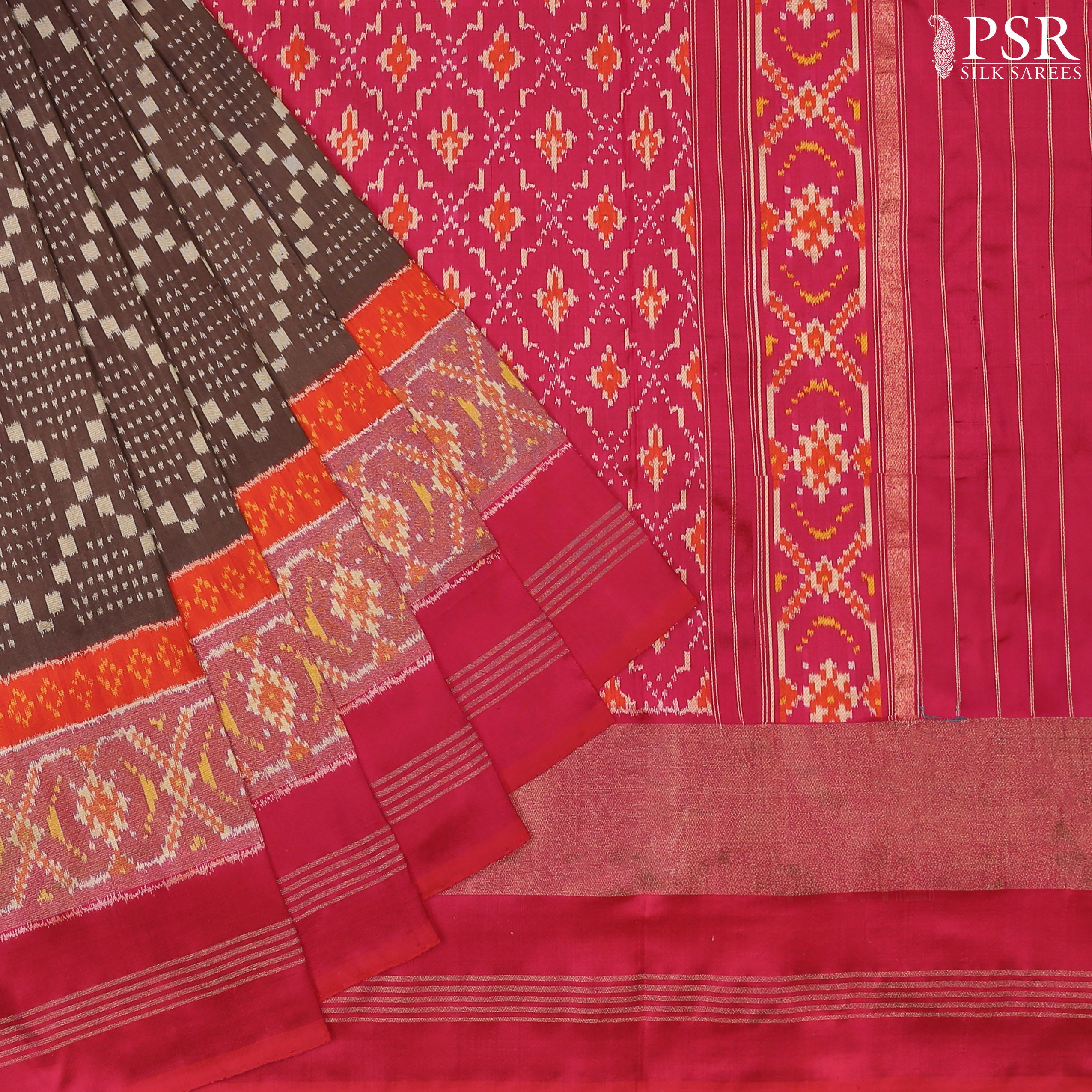 Transform Your Elegance with PSR Silks' Exquisite Cedar Brown Pochampally Ikat Silk Saree