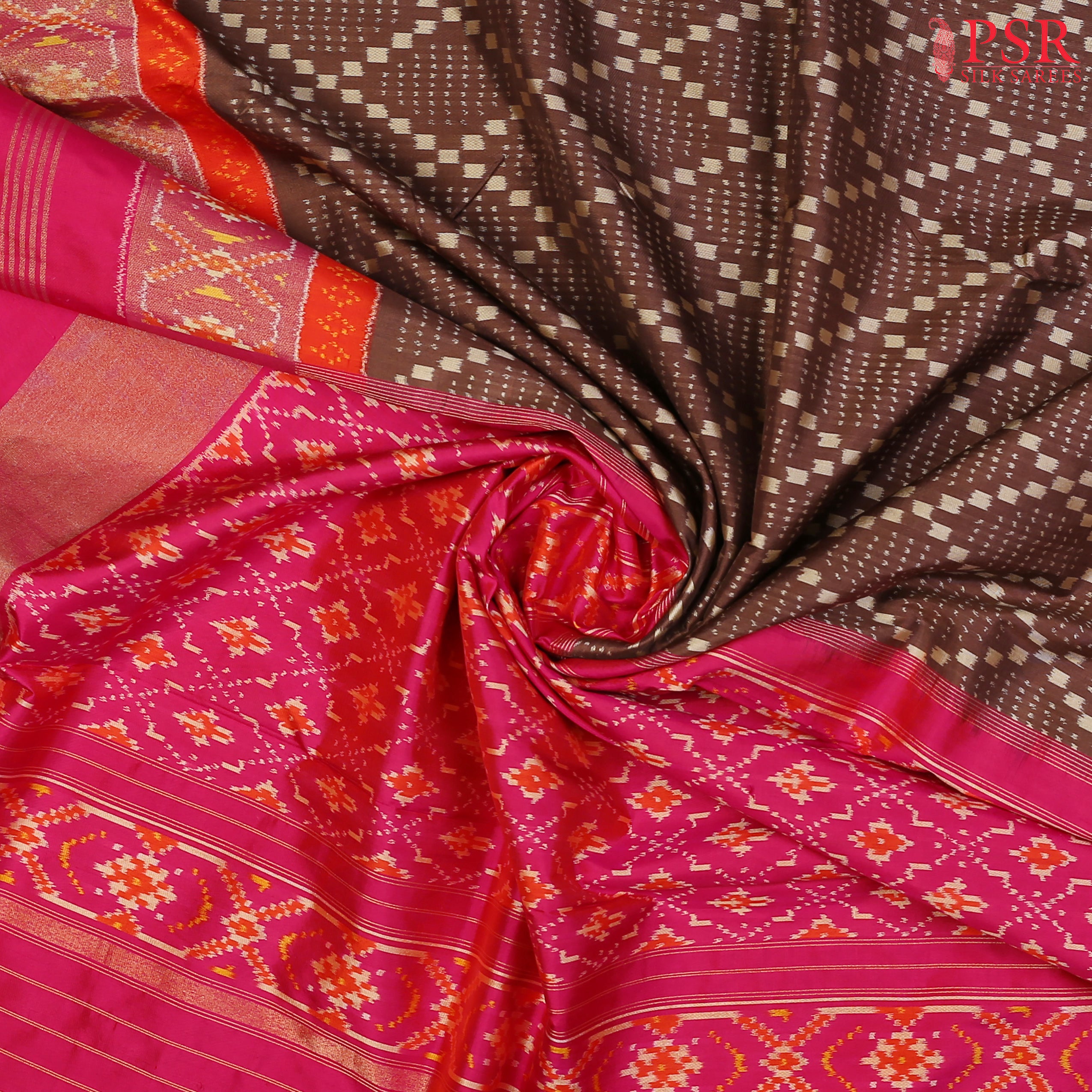 Transform Your Elegance with PSR Silks' Exquisite Cedar Brown Pochampally Ikat Silk Saree