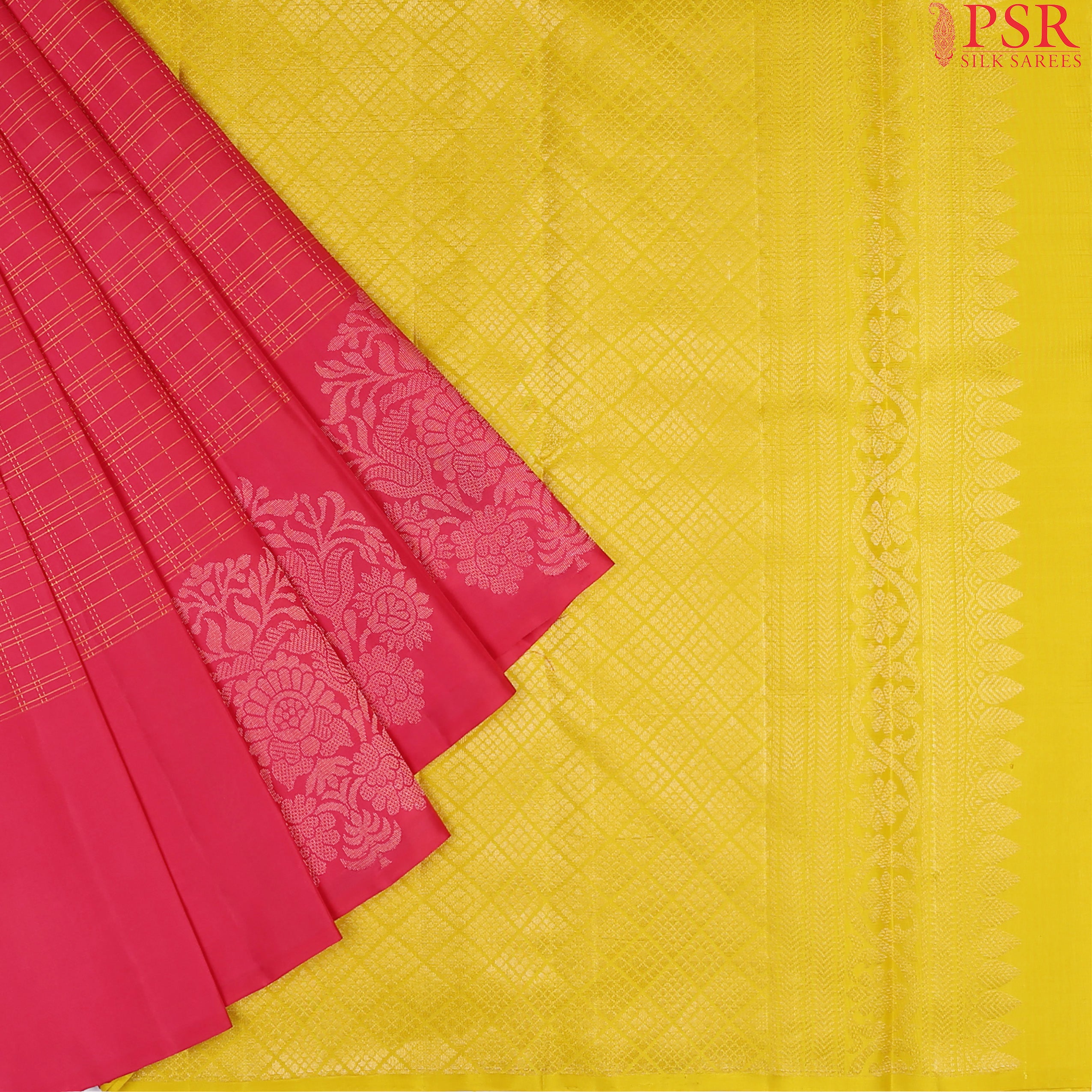 PSR Silk Sarees presents an exquisite Cerise Pink&nbsp;Soft Silk Saree, beautifully paired with a&nbsp;contrasting Amber Yellow&nbsp;hue. 