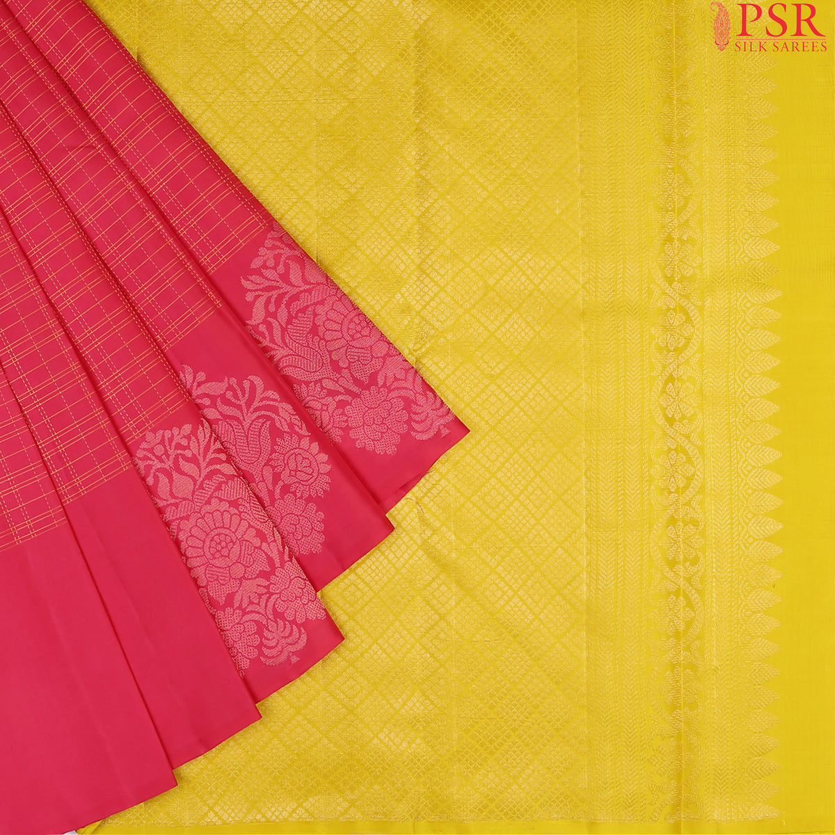 PSR Silk Sarees presents an exquisite Cerise Pink&nbsp;Soft Silk Saree, beautifully paired with a&nbsp;contrasting Amber Yellow&nbsp;hue. 