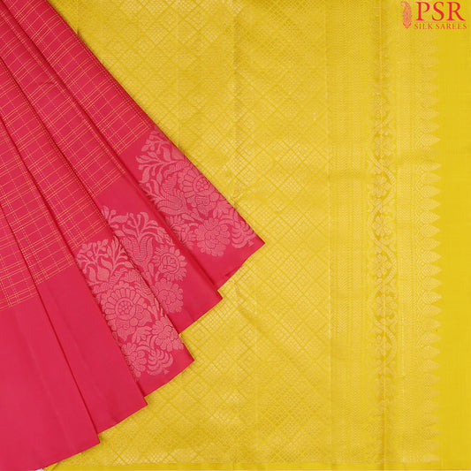 PSR Silk Sarees presents an exquisite Cerise Pink&nbsp;Soft Silk Saree, beautifully paired with a&nbsp;contrasting Amber Yellow&nbsp;hue. 