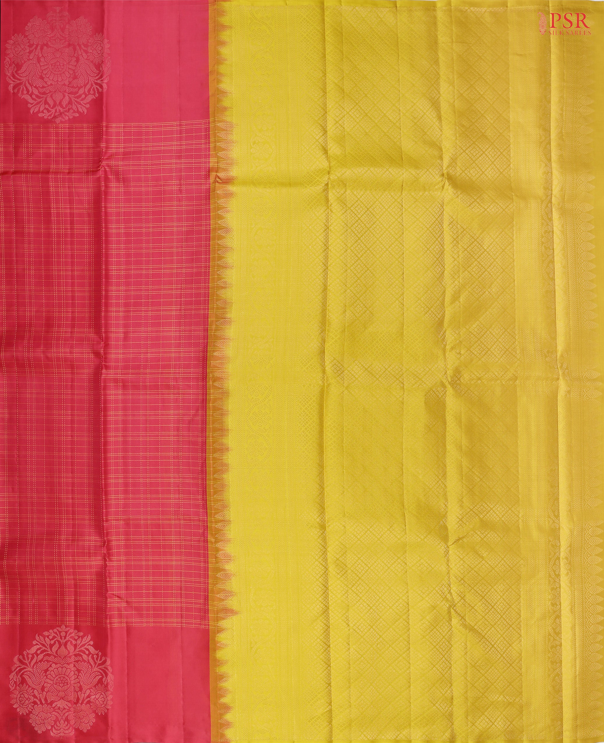 PSR Silk Sarees presents an exquisite Cerise Pink&nbsp;Soft Silk Saree, beautifully paired with a&nbsp;contrasting Amber Yellow&nbsp;hue. 