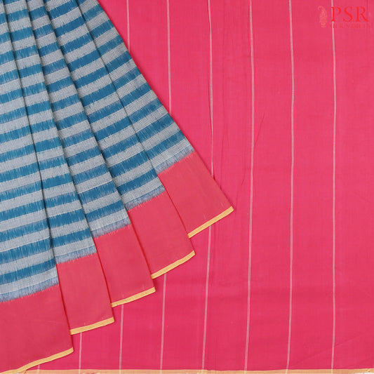 Cerulean Blue Ikkat Cotton Saree with a modern striped pattern and Pink border