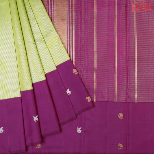 Chartreuse Green Kanchipuram Silk Saree with silver zari pin checks