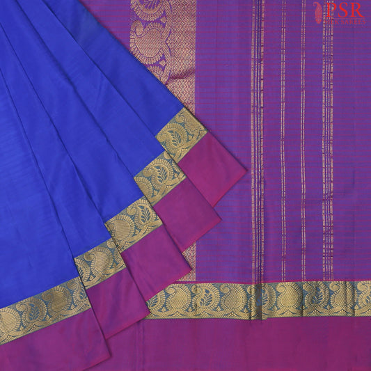 PSR Silks presents a Cobalt Blue colored Arani Silk saree with combination of Puple color.&nbsp;