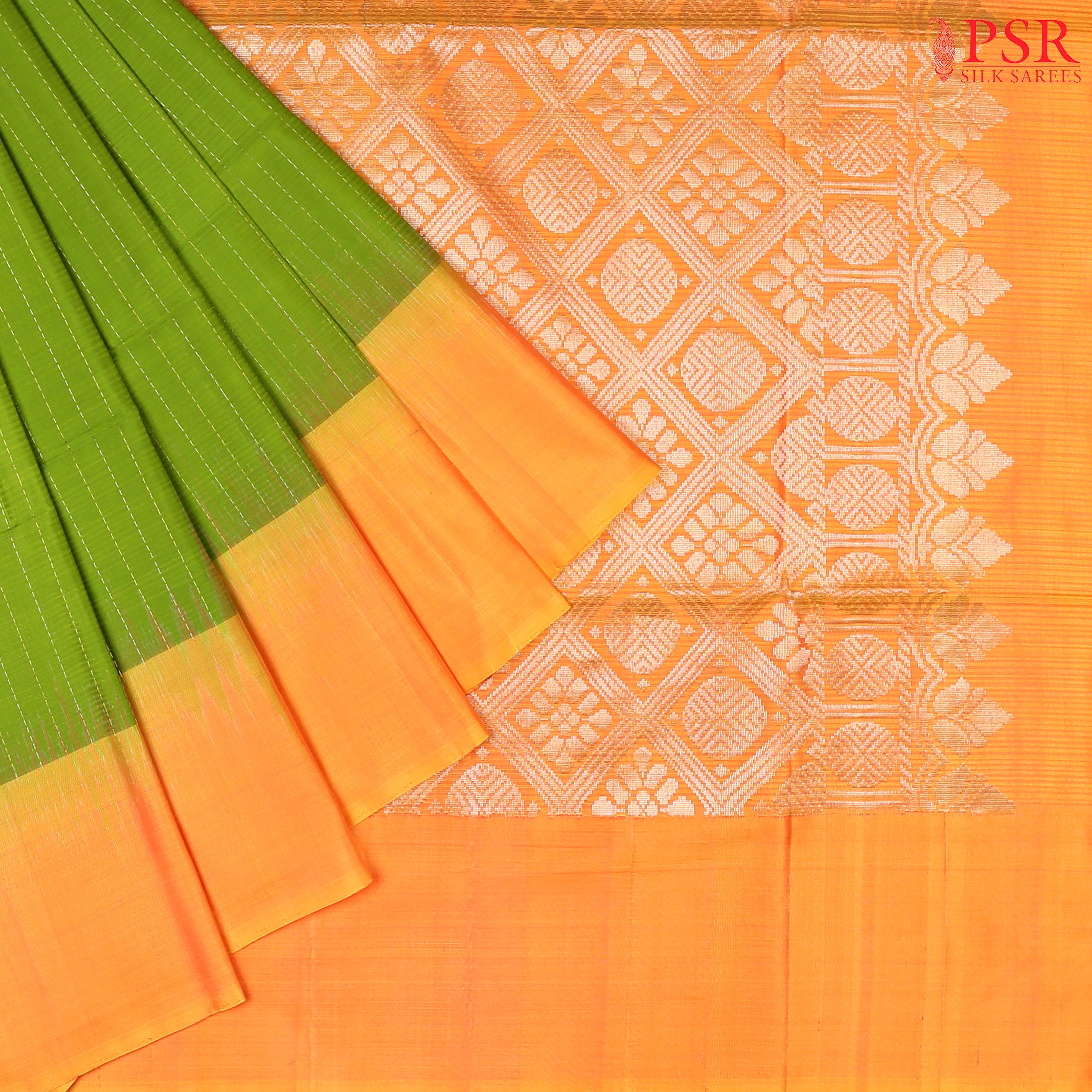 Celebrate Elegance with PSR Silks’ Corn Green Soft Silk Saree!