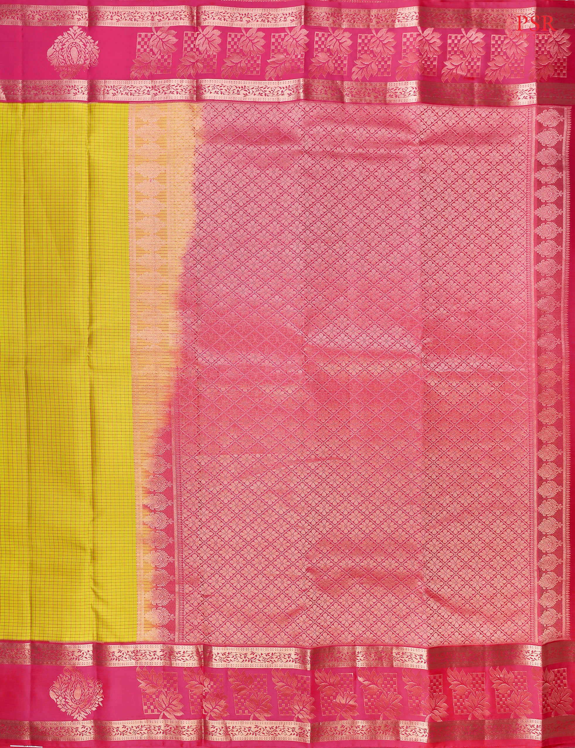 PSR Silks presents a Corn Yellow Fancy Kanchipuram Silk Saree, elegantly paired with a striking Magenta Pink combination. A timeless blend of tradition and grace