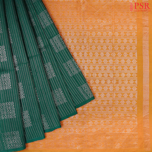 Dark Green Jute Soft Silk Saree with silver zari stripes, box motifs, Mustard Yellow pallu with zari detailing, and a matching plain blouse