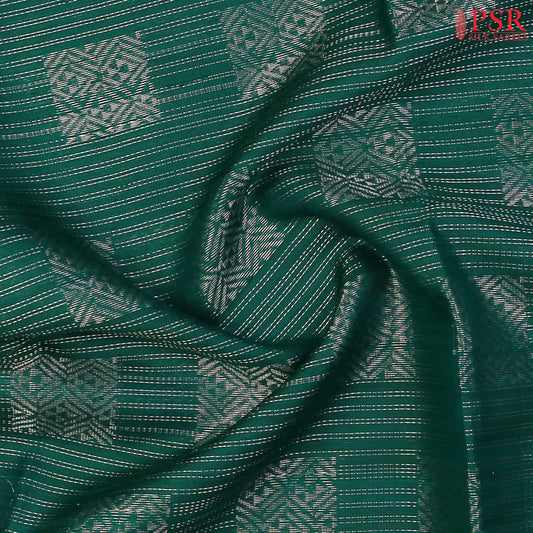 Dark Green Jute Soft Silk Saree with silver zari stripes, box motifs, Mustard Yellow pallu with zari detailing, and a matching plain blouse