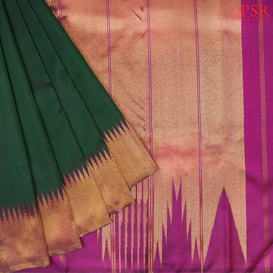 Dark Green Kanchipuram Silk Saree with tissue temple border.