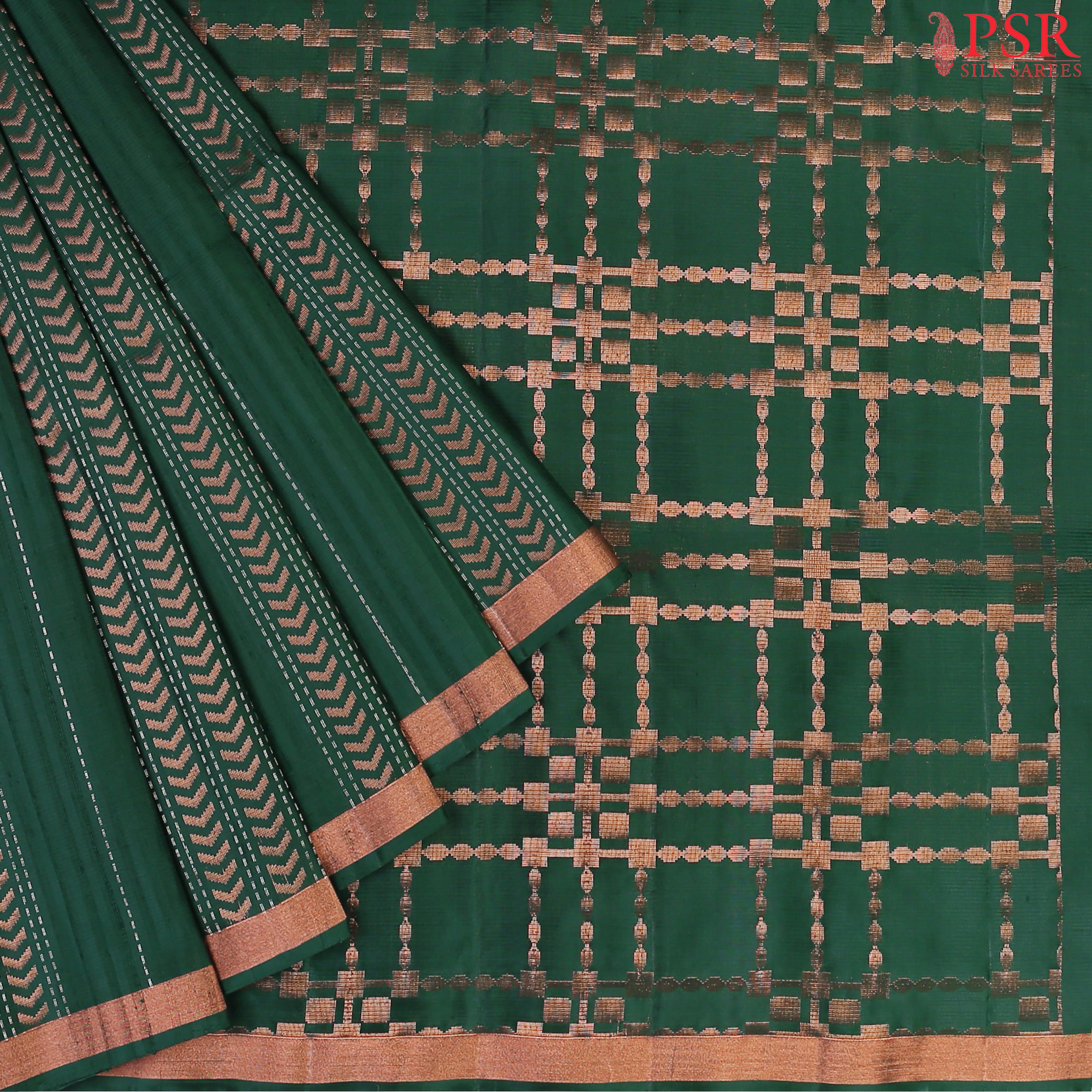 Indulge in timeless elegance with our Dark Green&nbsp;Soft Silk Saree, crafted to perfection with&nbsp;impressive copper zari jacquard stripes patterm.