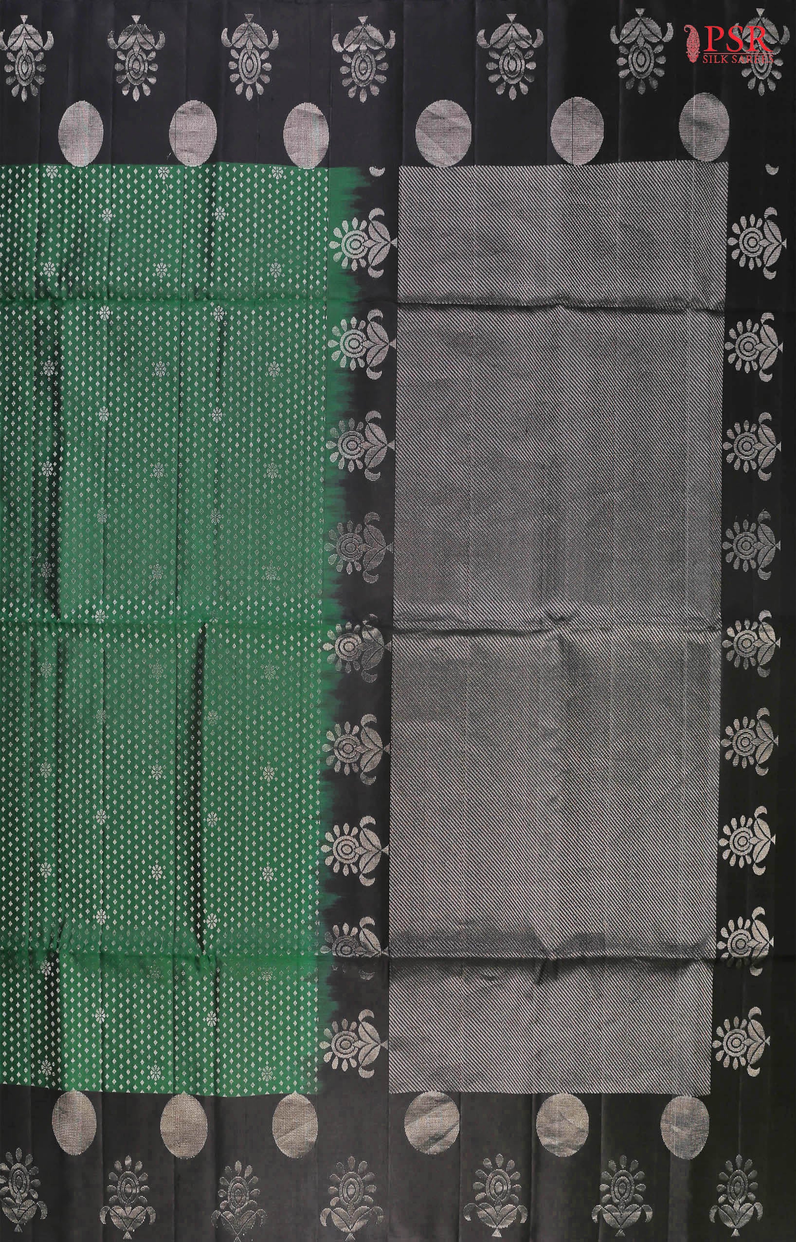 Step into a world of refined beauty with our Dark Green Soft Silk Saree, elegantly paired with a classic Black combination. 