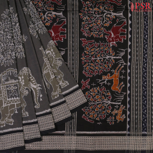 Dark Grey Orissa Cotton Saree with olive-shaded Orissa patterns and Ambari motifs.