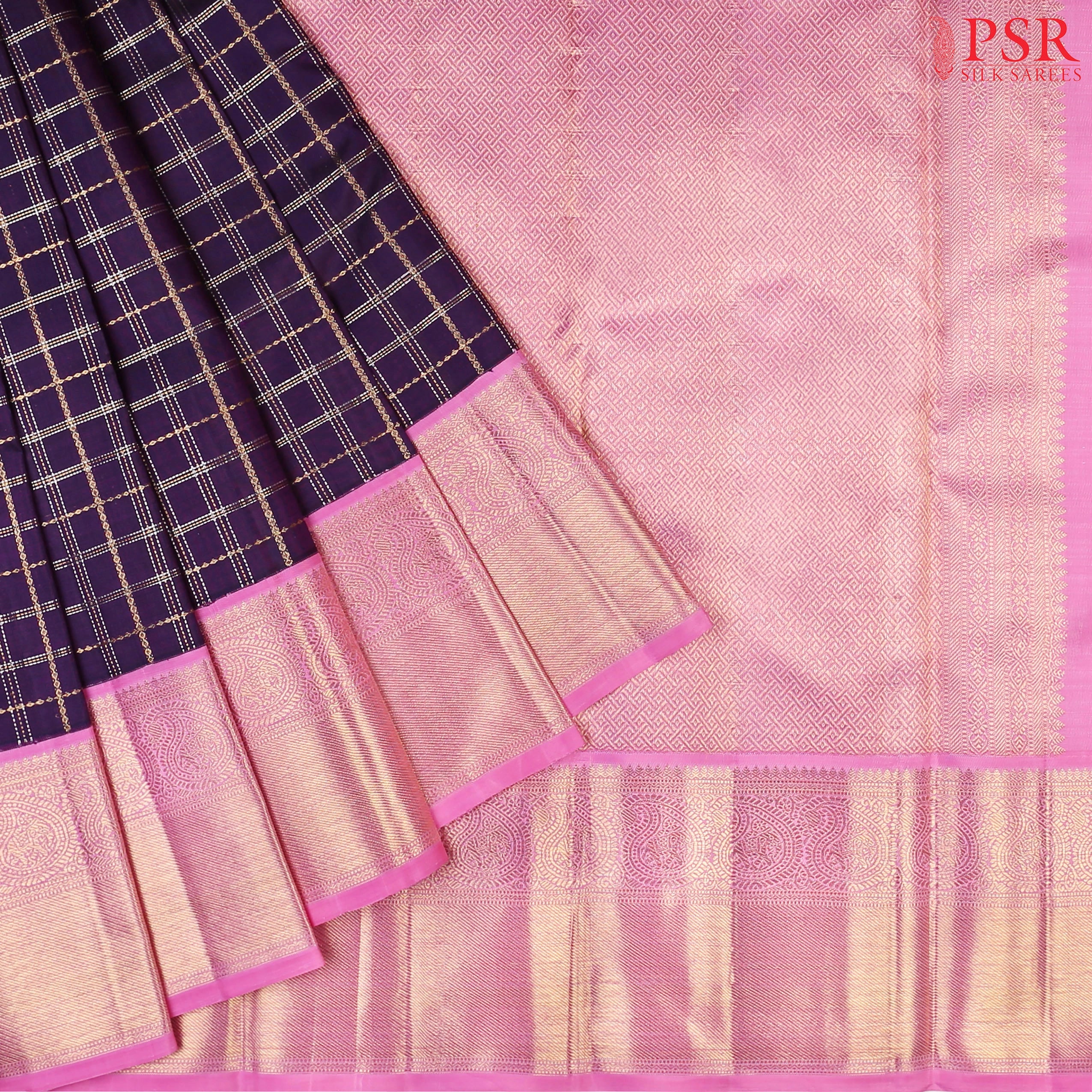 Dark Indigo Kanchipuram Bridal Silk Saree with Silver & Golden Zari Plaid Patterns, Persian Pink Pallu & Rich Zari Border – PSR Silks
