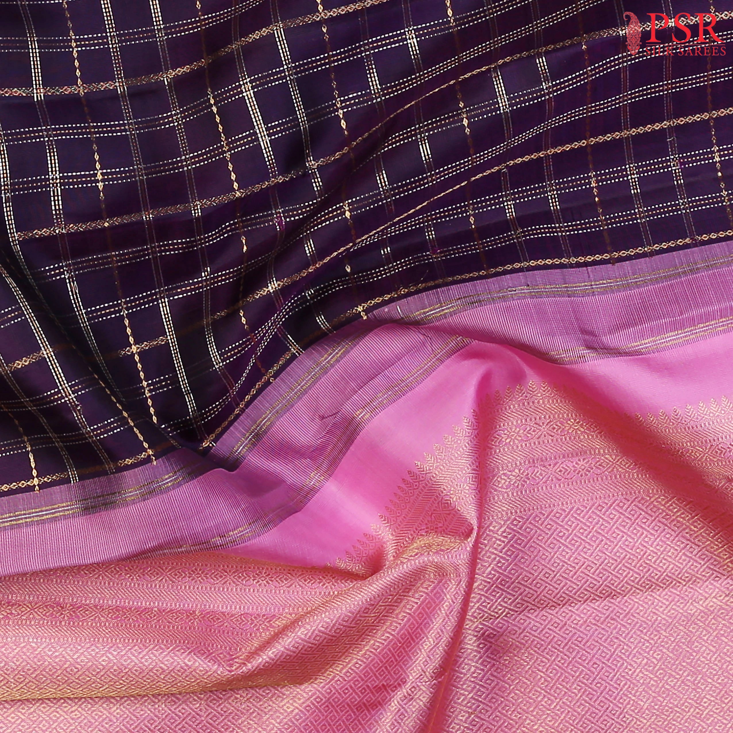 Dark Indigo Kanchipuram Bridal Silk Saree with Silver & Golden Zari Plaid Patterns, Persian Pink Pallu & Rich Zari Border – PSR Silks