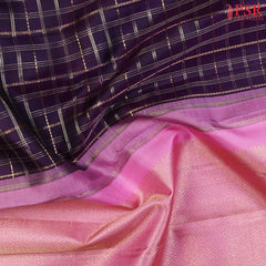 Dark Indigo Kanchipuram Bridal Silk Saree with Silver & Golden Zari Plaid Patterns, Persian Pink Pallu & Rich Zari Border – PSR Silks