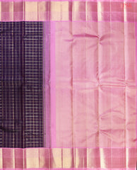 Dark Indigo Kanchipuram Bridal Silk Saree with Silver & Golden Zari Plaid Patterns, Persian Pink Pallu & Rich Zari Border – PSR Silks