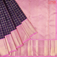 Dark Indigo Kanchipuram Bridal Silk Saree with Silver & Golden Zari Plaid Patterns, Persian Pink Pallu & Rich Zari Border – PSR Silks
