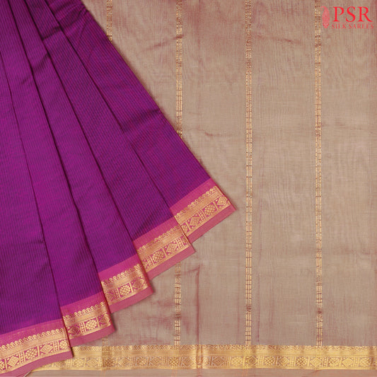 Dark Orchid Purple Cotton Silk Saree with striped weave pattern, Taupe Grey zari chit pallu, zari border, and plain blouse. A perfect pick for subtle elegance.