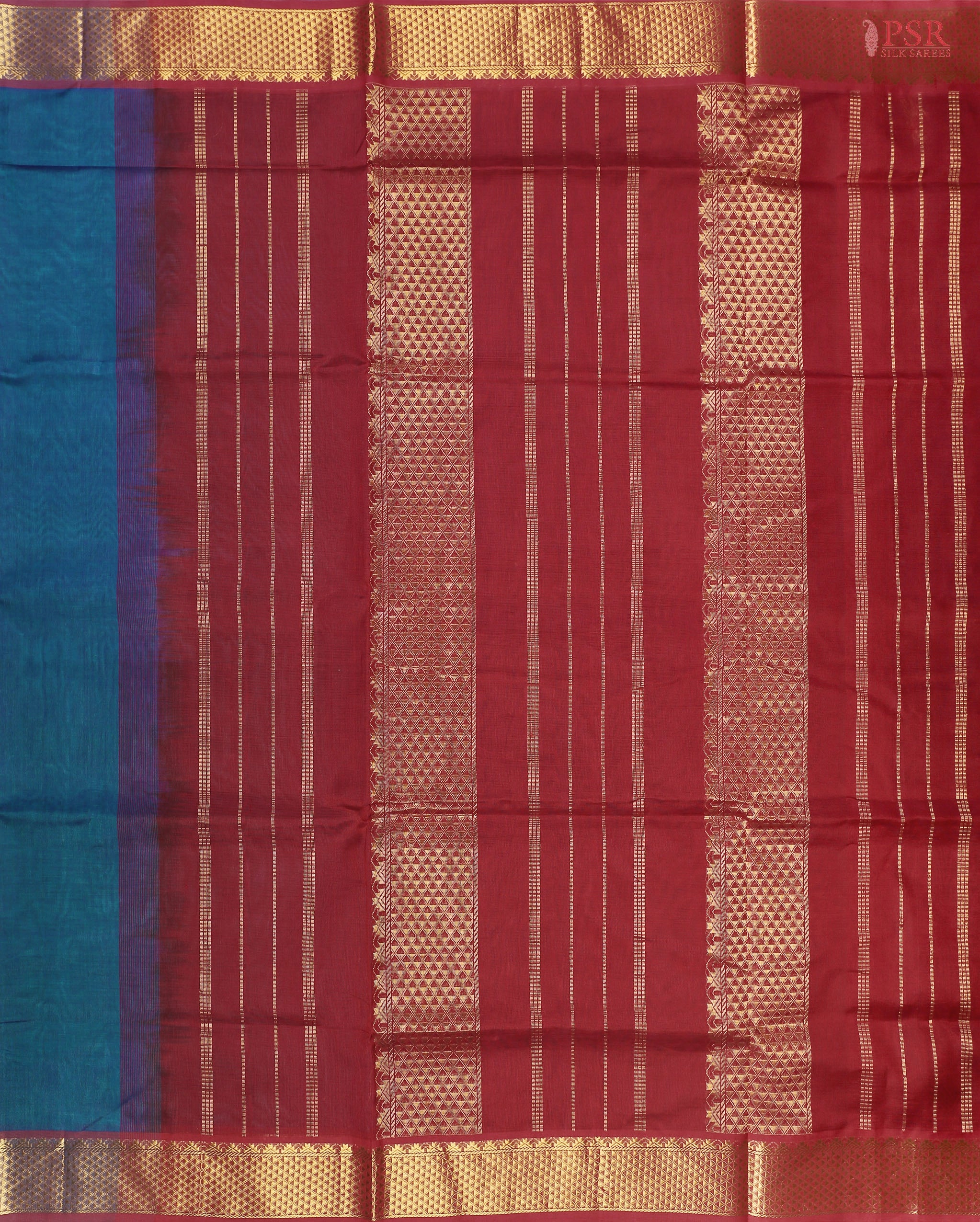 Dark Peacock Blue Cotton Silk Saree with a Maroon zari chit pallu, zari border, and plain Maroon blouse. A timeless and elegant traditional wear.