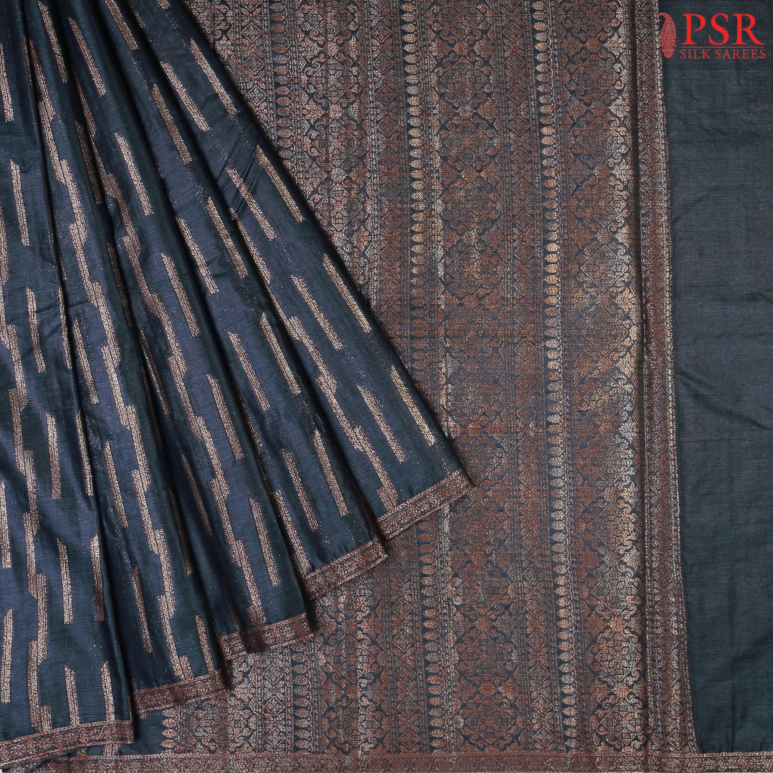 Dark Prussian Blue Banaras Tussar Silk Saree with mixed zari work stripes