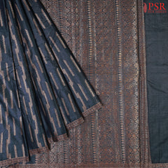 Dark Prussian Blue Banaras Tussar Silk Saree with mixed zari work stripes