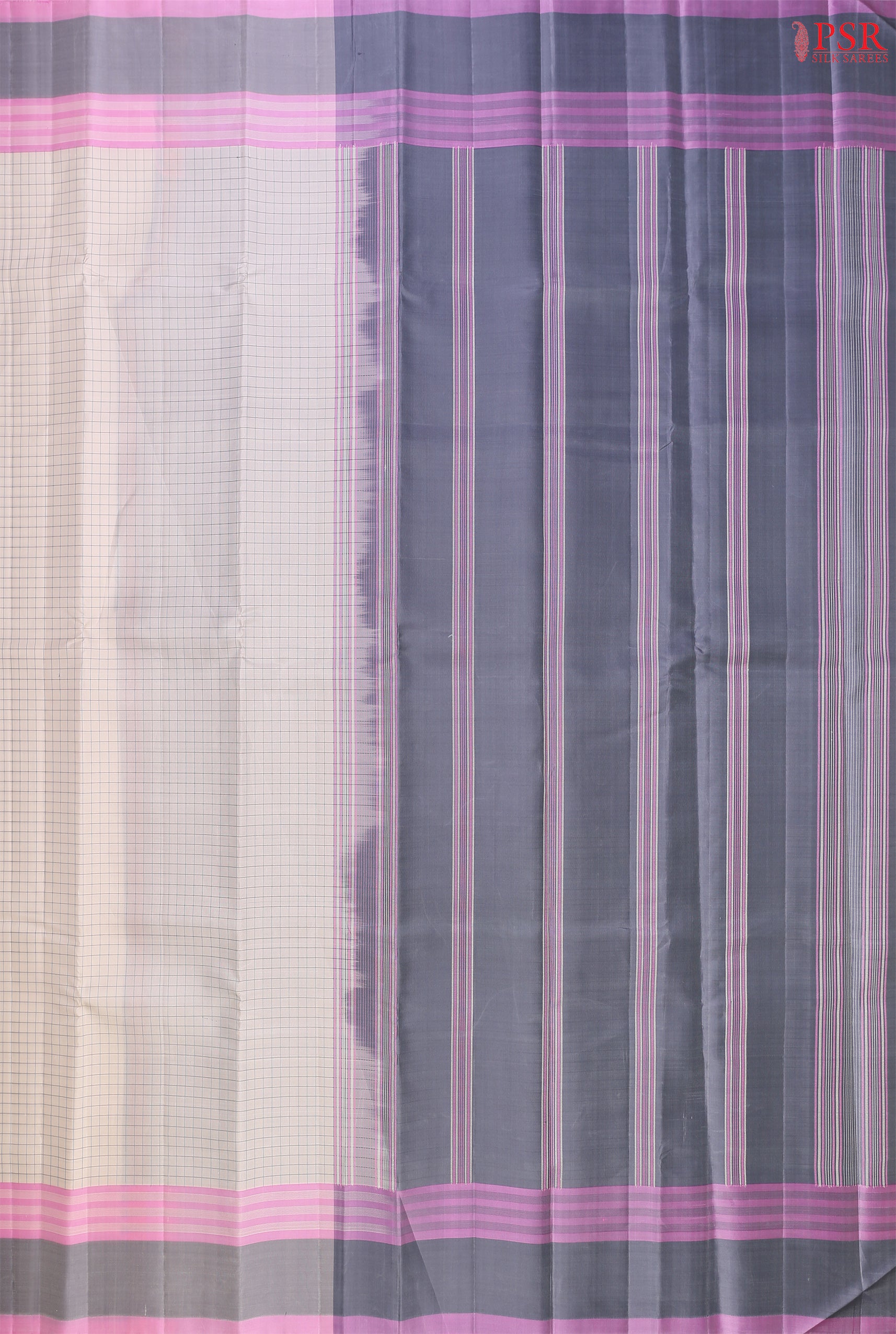 PSR Silks presents a Dove White colored Arani Silk saree with combination of Dark Grey color.