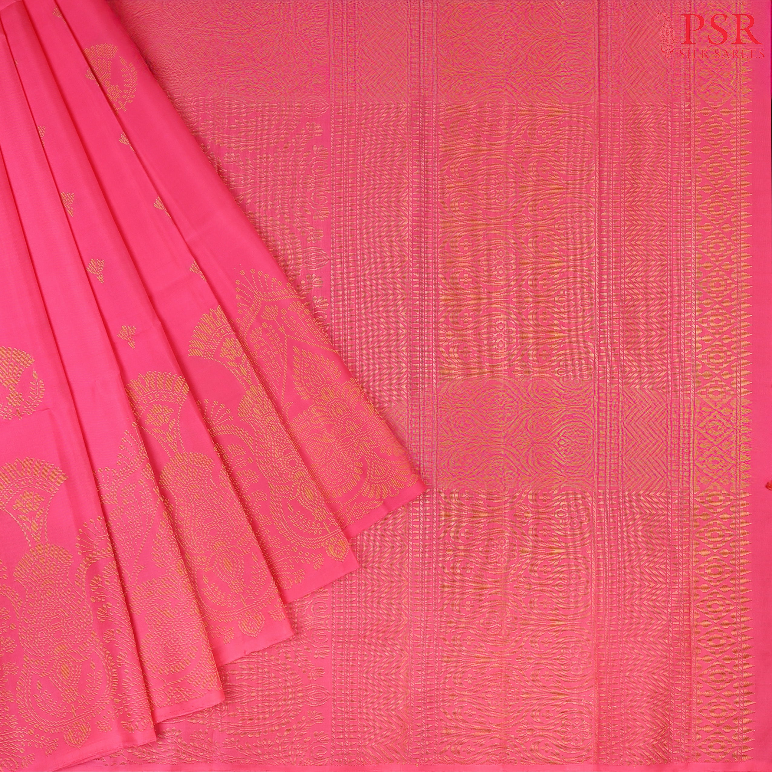 Step into the spotlight with our Electric Pink Soft Silk Saree, beautifully paired with a Dark Olive Yellow combination. 