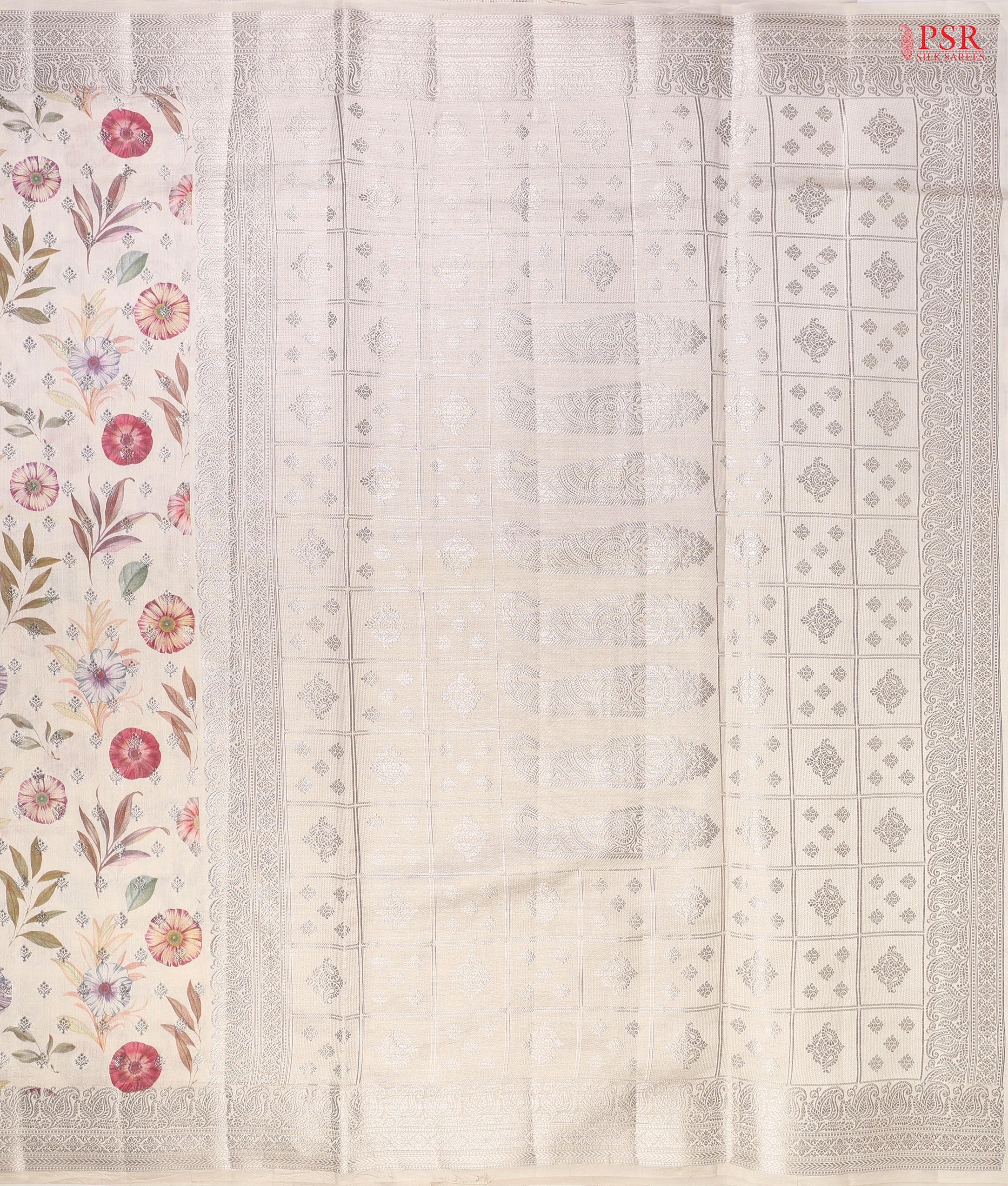 Traditional silver zari pallu with delicate craftsmanship