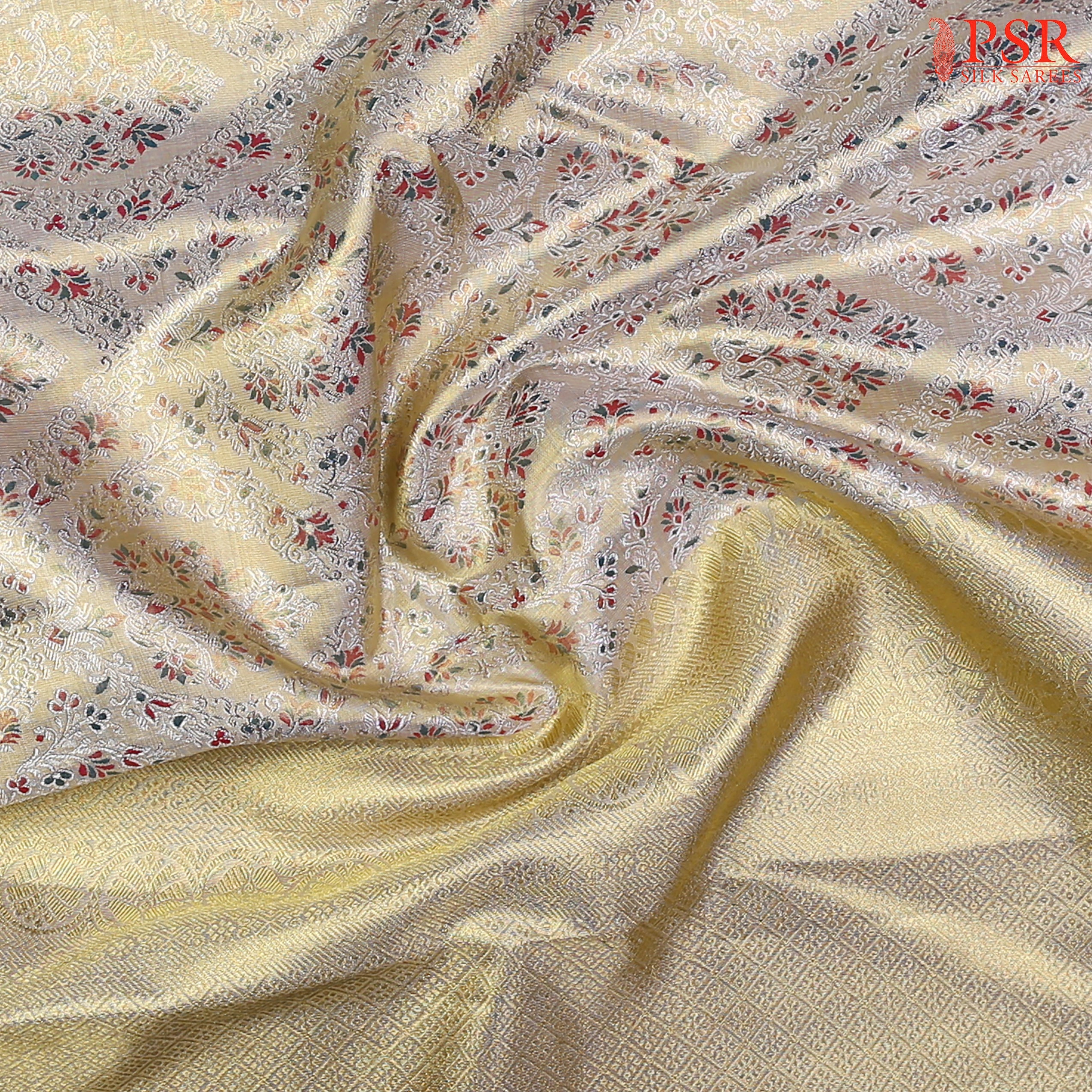 Golden Beige Kanchipuram Bridal Tissue Silk Saree with Silver Zari Floral Ogee Pattern, Green & Maroon Threads, Rich Zari Pallu & Border – PSR Silks